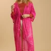 Umgee Full Size Floral Lace Open Front Long Kimono with Waist Tie Plus Size - Hot Pink