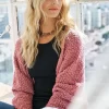 Popcorn Knit Open Front Long Sleeve Cardigan - Mauve