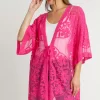 Umgee Full Size Floral Lace Open Front Kimono Sleevee Cover Up with Waist Tie Plus Size - Hot Pink