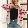Fuzzy Heart Button Down Cardigan - Ivory/Red