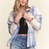 Button Down Plaid Hoodie Shacket - Blue/Ivory