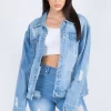 Full Size Painted Back Distressed Denim Jacket - Blue