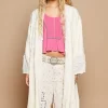 Flower Lace Trim Open Front Longline Cardigan - Cream