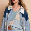Corduroy Jacquard Patchwork Button Up Jacket - Light Blue