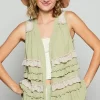 Ruffled Open Front Sleeveless Cardigan - Sage Multicolor