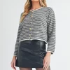 Striped Button Down Round Neck Cardigan - Black
