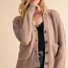 Ribbed Hem Button Down V-Neck Cardigan - Mocha