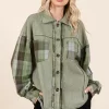 Button Down Contrast Plaid Patchwork Shacket - Moss