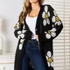 Floral Button Down Longline Cardigan - Black