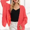 Popcorn Knit Open Front Long Sleeve Cardigan - Coral