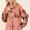 Button Down Contrast Plaid Patchwork Shacket - Terracotta