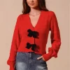 Contrast Bow Front Sweater Cardigan - Red/Black