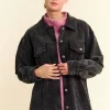 Washed Corduroy Raw Hem Button Up Jacket - Black