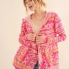 Full Size Printed Thermal Hooded Open Front Cardigan - Coral Multi
