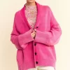 Shawl Collar Ribbed Detail Button Up Cardigan - Hot Pink