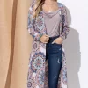 Printed Kimono Open Front Longline Cardigan - Aztec