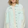 Lace Trim Crochet Button Up Denim Jacket - Pale Mint