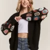 Full Size Contrast Crochet Open Front Long Sleeve Cardigan Plus Size - Black