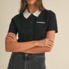 Button Down Contrast Collared Knit Cardigan - Black