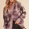 Side Slit Patch Pocket Plaid Button Down Jacket - Purple