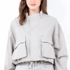 Full Size Drawstring Hem Cargo Pocket Cropped Worker Jacket Plus Size - Light Gray
