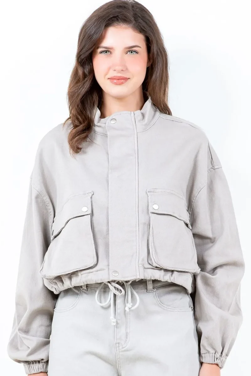Full Size Drawstring Hem Cargo Pocket Cropped Worker Jacket Plus Size - Light Gray