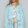 Crochet Button Up Cardigan with Chest Patch Pockets - Pastel Blue