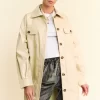 Faux Leather Button Up Jacket with Chest Pockets - Beige