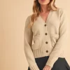 Ribbed Hem Button Down V-Neck Cardigan - Pearl