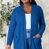 Full Size Ribbed Open Front Cardigan with Pockets - Dark Blue