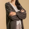 Umgee Full Size Open Front Cardigan with Long Sleeve Pearl Details Plus Size - Charcoal