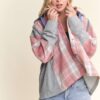 Button Down Plaid Hoodie Shacket - Pink/H.Grey