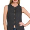 Linen Button Down Vest - Black