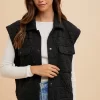 Texture Quilted Snap Down Vest Coat - Black