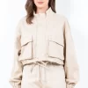 Full Size Drawstring Hem Cargo Pocket Cropped Worker Jacket Plus Size - Tan