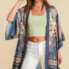 Umgee Full Size Fringe Hem Open Front Printed Kimono Sleeve Cover-Up Plus Size - Teal Mix