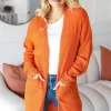 Full Size Stripe Textured Open Front Cardigan with Pockets - Rust