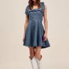 A Line Fit And Flare Diamond Bow Ribbon Denim Dres - Denim