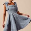 A Line Fit And Flare Diamond Bow Ribbon Denim Dres - Lt Denim