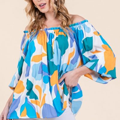 Abstract Print Off-the-shoulder Long Sleeve Top - Blue Multi