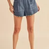 Aemi + Co Frayed Hem Elastic Waist Denim Shorts - Medium