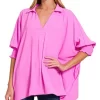 Airflow Collar Tee with Smocked Sleeve Band Top - Bright Mauve