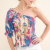 Allover Floral Print Smocked One Shoulder Blouse - Floral