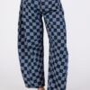 Barrel Style Leg Checkered Print Jeans - Denim Blue