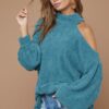 Belle Sweater Knit Open One Shoulder Turtle Neck - Teal