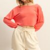 Boat Neck Long Sleeve Cropped Top - Coral