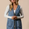 Braided Trim Open Front Denim Vest With Pockets - Medium
