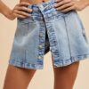 Button Detail Stretch Denim Wrap Mini Skort - Medium Washed Denim