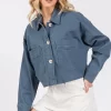 Button Down Cropped Denim Jacket With Patch Pockets - French Blue
