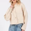Button Down Cropped Denim Jacket With Patch Pockets - Tan
